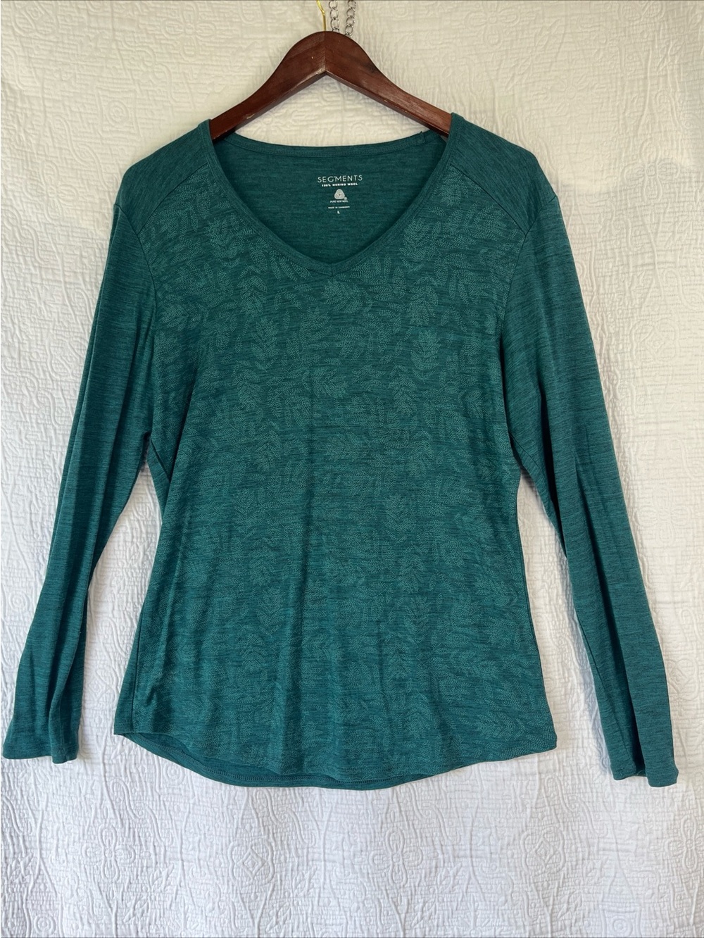 Segments 100 Merino Wool Long Sleeve Shirt Womens Large Teal Leaves V Neck Base